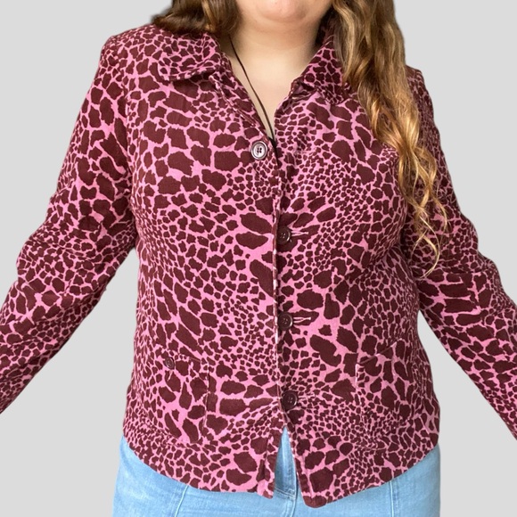 Y2k pink giraffe printed corduroy button up collared coat - Picture 2 of 7